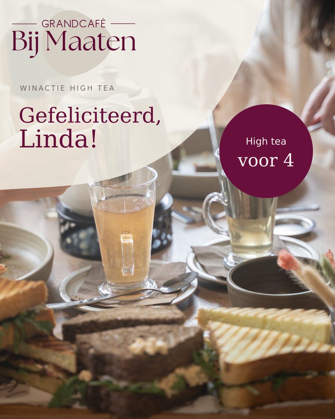 Winnaar winactie high tea voor 4 bij Grandcafé Bij Maaten in Ede: gefeliciteerd Linda