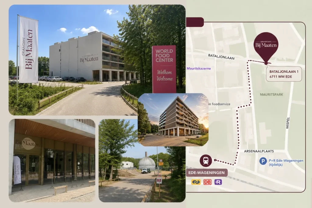 Grandcafé Bij Maaten aan de Bataljonlaan 1 in Ede, met looproute vanaf station Ede-Wageningen